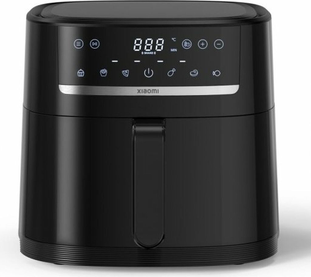 A black Xiaomi air fryer is shown against a white background.