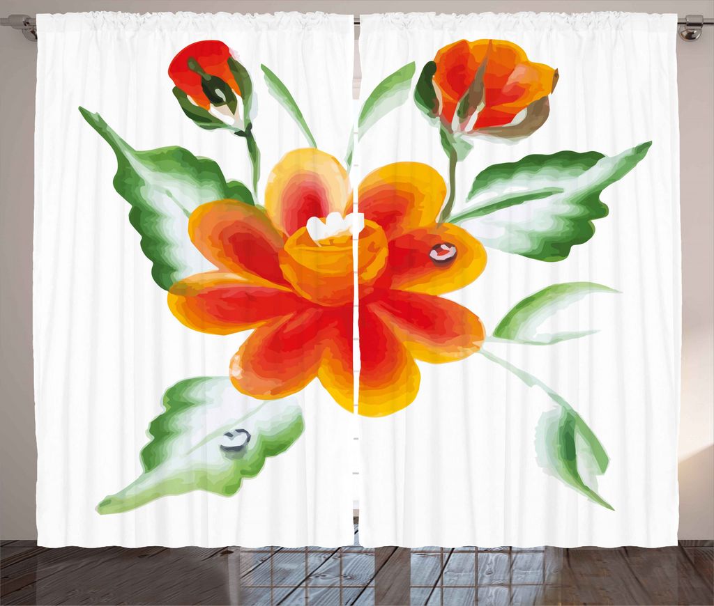 ABAKUHAUS Garten Rustikaler Gardine, Narzissen in den Aquarellen, Schlafzimmer Kräuselband Vorhang mit Schlaufen und Haken, 280 x 245 cm, Orange G...