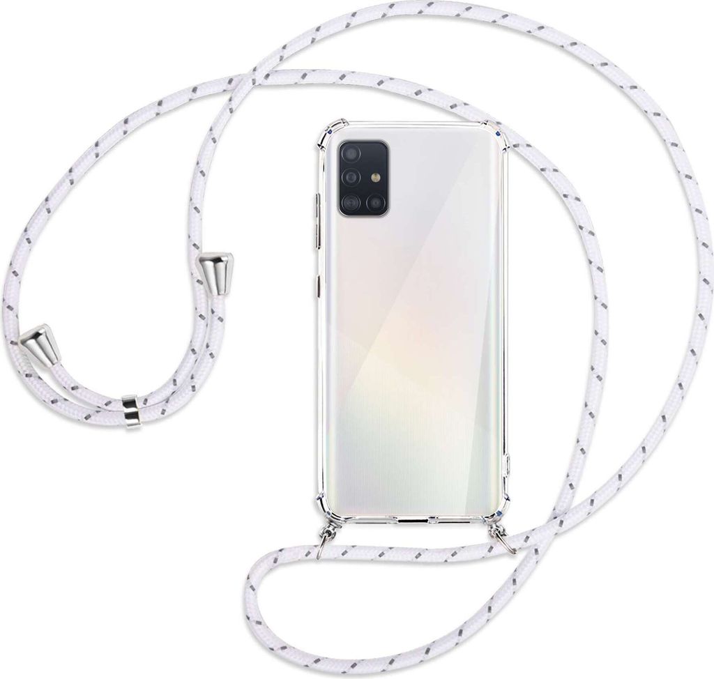 Handykette Backcover-Schutzhülle mit Band (Metall silberfarben) für Samsung Galaxy A51 (A515) - weiß/grau