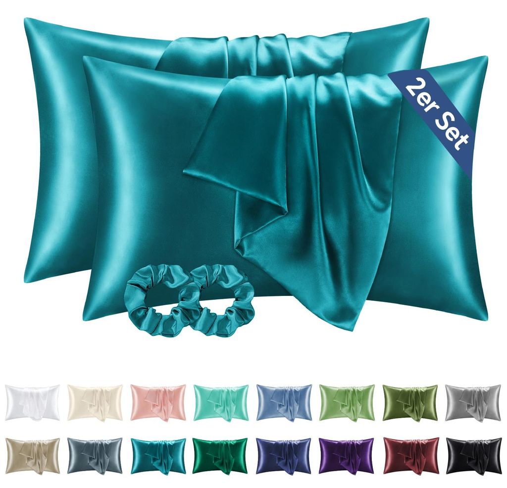 Satin-Kissenbezug 40x60 Petrol - Set mit 2 Kissenbezügen, seidig weich, 40 x 60 Sommerkissenbezug mit 2 Haargummis für Haar und Haut, vergleichba...