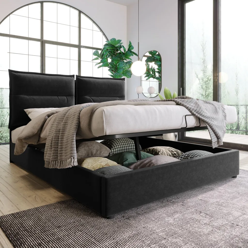 Lit Double 140x200 avec Coffre de Rangement Hydraulique en Velours Noir