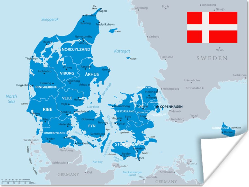 MuchoWow Poster Illustration einer blauen Karte von Dänemark mit einer Flagge 120x90 cm - Wandbild