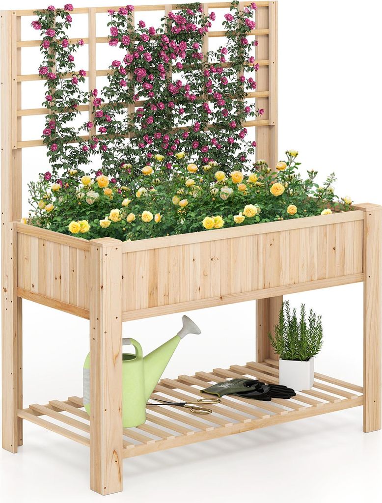 GOPLUS Hochbeet mit Spalier und Regalen, Gartenbeet Holz, Pflanzkasten mit 4 Entwässerungslöchern und herausnehmbarer Einlage, Natur