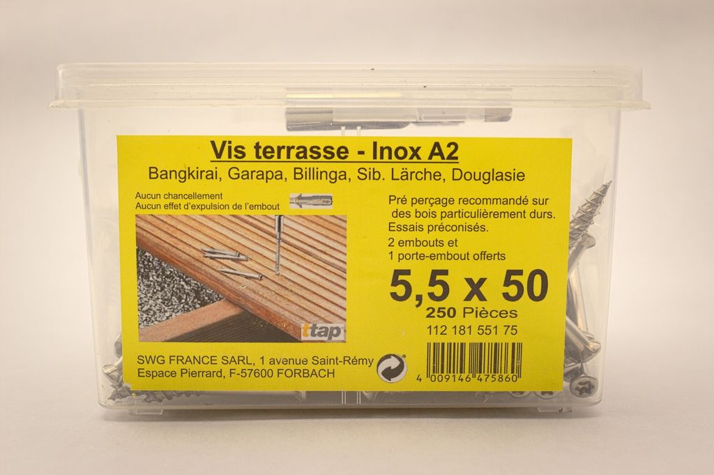 Terrassenschrauben aus Edelstahl A2 250 Stück mit passendem Bit 5,5x50