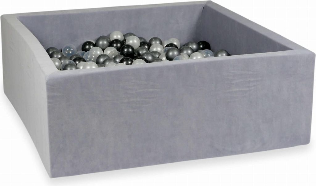 Trockenbecken 110x110x40cm Velvet Soft Light Grey mit 600 Bällen: Perlmutt, Transparent, Metallic Graphit, Silber