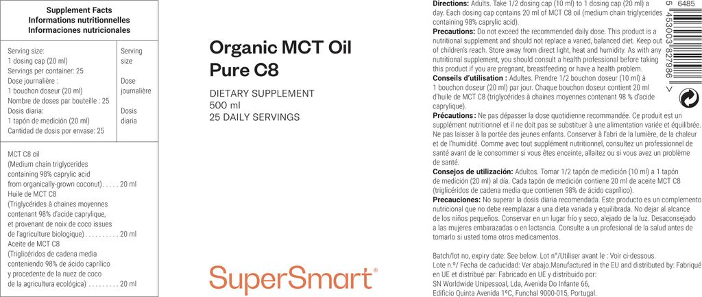 SuperSmart Organic MCT Oil Pure C8 Dietary Supplement - 500-mL-Flasche