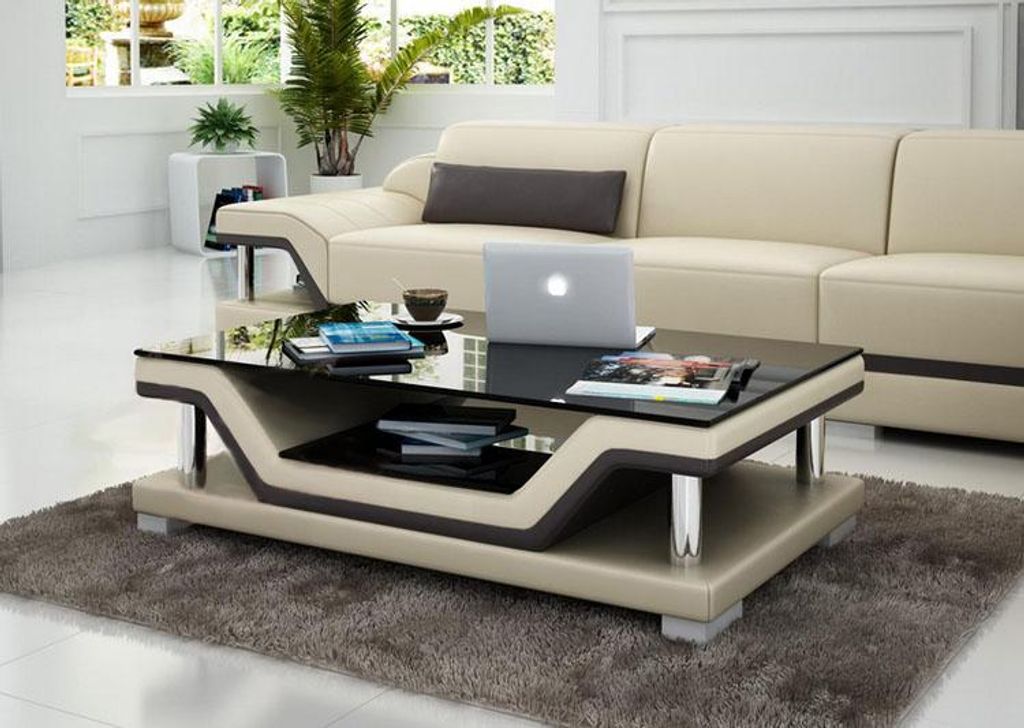 Designer Couchtisch Polster Tisch Leder Glas Moderner