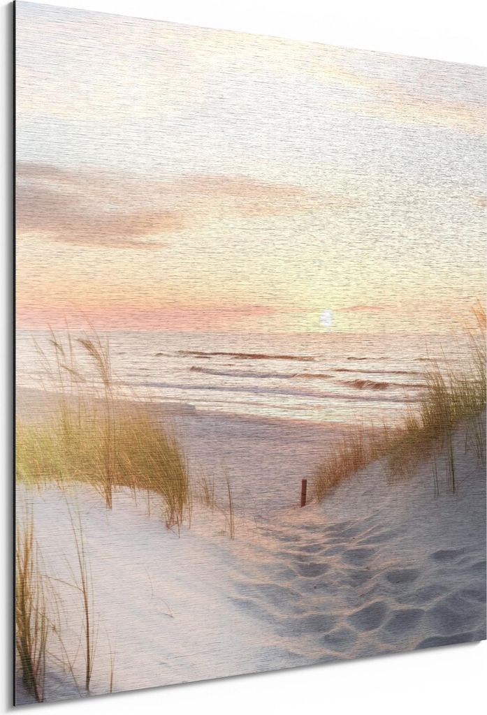 DEQORI Alu-Dibond Bild Silber 50x50 cm 'Abendruhe am Strand' Wandbild Metall dünn Design