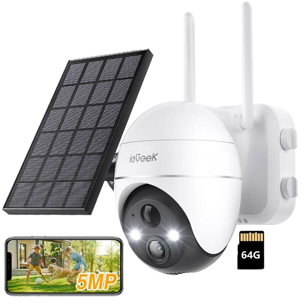 2K 5MP Überwachungskamera aussen akku Solar 360° PTZ Kamera Überwachung Kabellos WLAN Kamera Outdoor PIR-Menschenerkennung Farb-Nachtsicht mit 64G