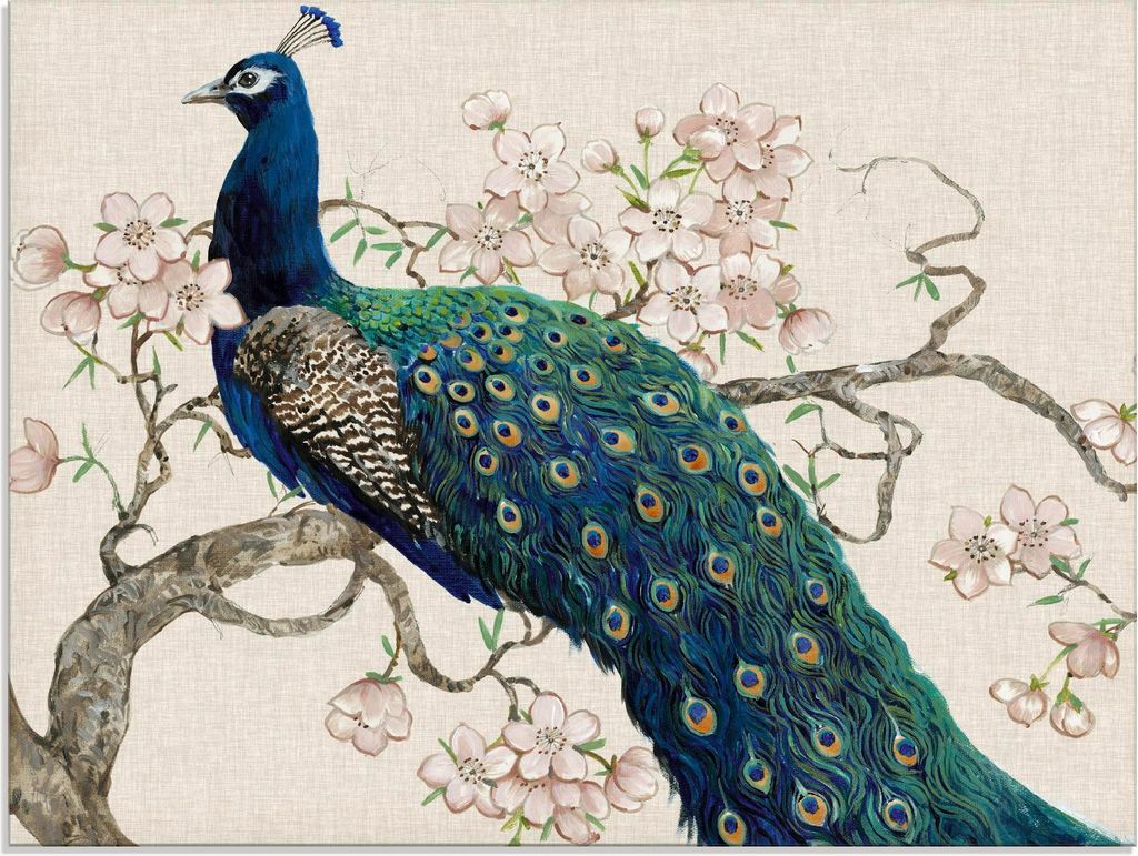 ARTland Glasbild Pfau & Blüten II Größe: 80x60 cm