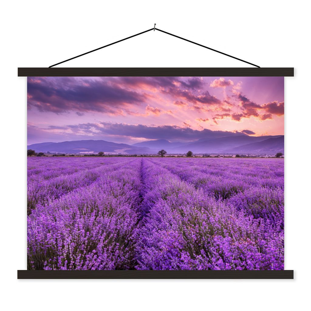 MuchoWow Textilposter Lavendel - Lila - Blumen - Feld 150x113 cm mit holzfarbenen Rahmen - Poster