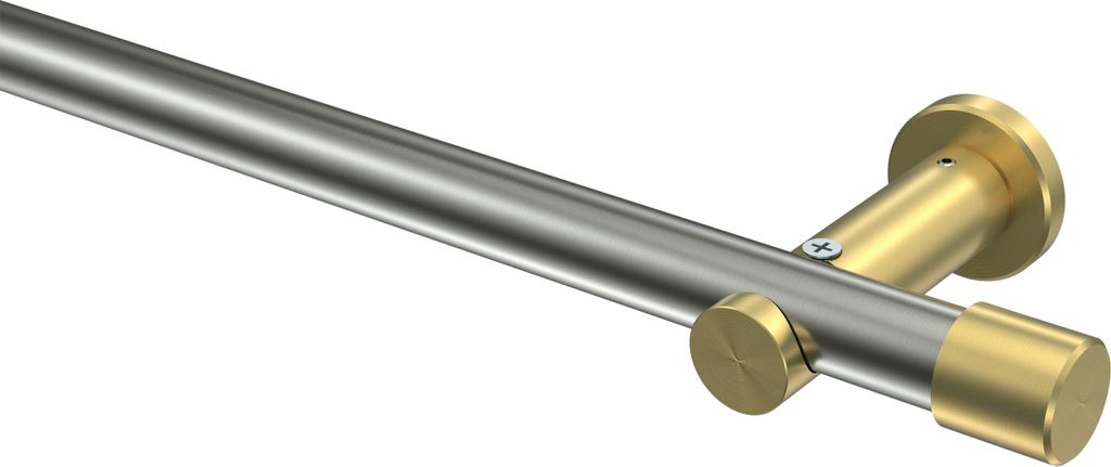 Interdeco Gardinenstange / Vorhangstange Edelstahl-Optik / Messing-Optik, Typ Platon Santo (Kappe) ohne Ringe, 20 mm Ø 1-läufig, 200 cm