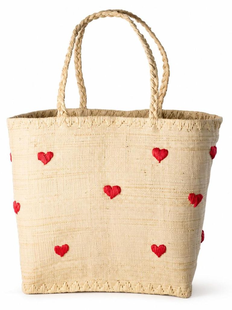 Rice Raffia Tasche mit roten Herzen, handgefertigter Natur Produktbild 