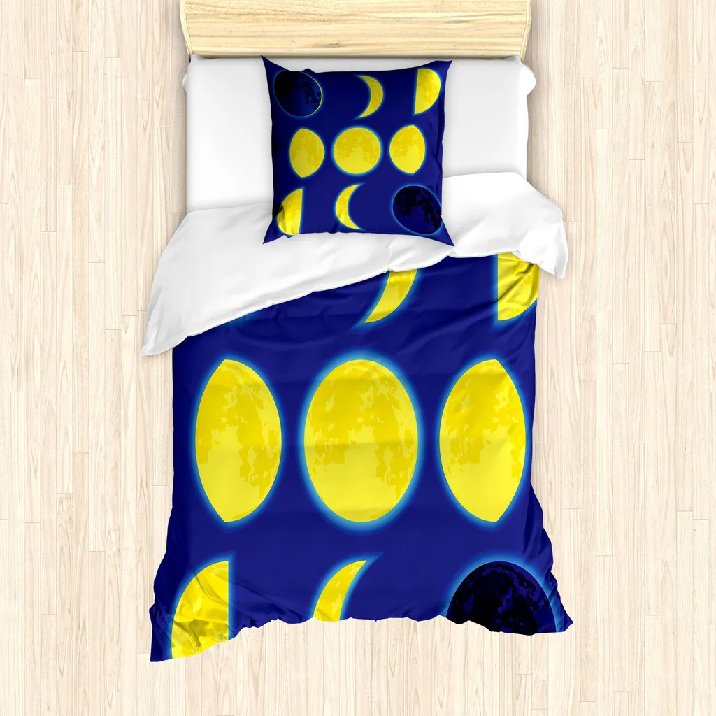 ABAKUHAUS Set copripiumino per letti singoli, schema delle fasi lunari notturne, antiacaro, adatto a chi soffre di allergie, con federa, 135 cm x 200 cm - 80 x 80 cm, indaco giallo
