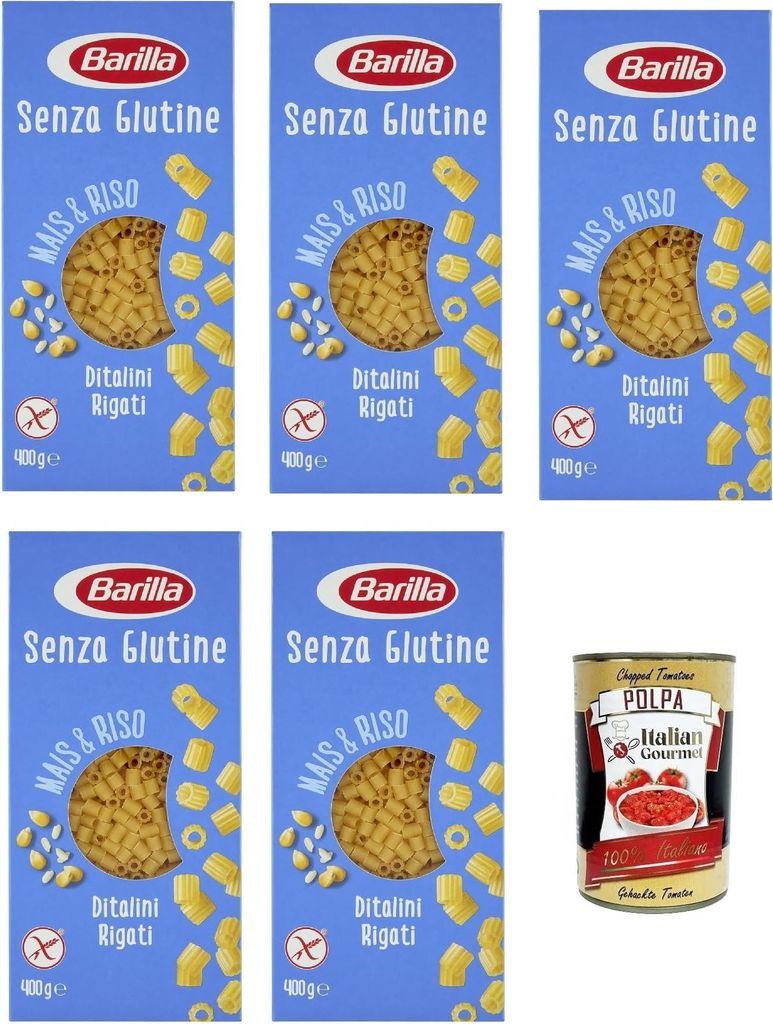 5x Barilla Ditalini Rigati 400g senza Glutine Glutenfrei pasta nudeln, Pasta aus weißem Mais, gelbem Mais und braunem Reis + Italian Gourmet polpa...