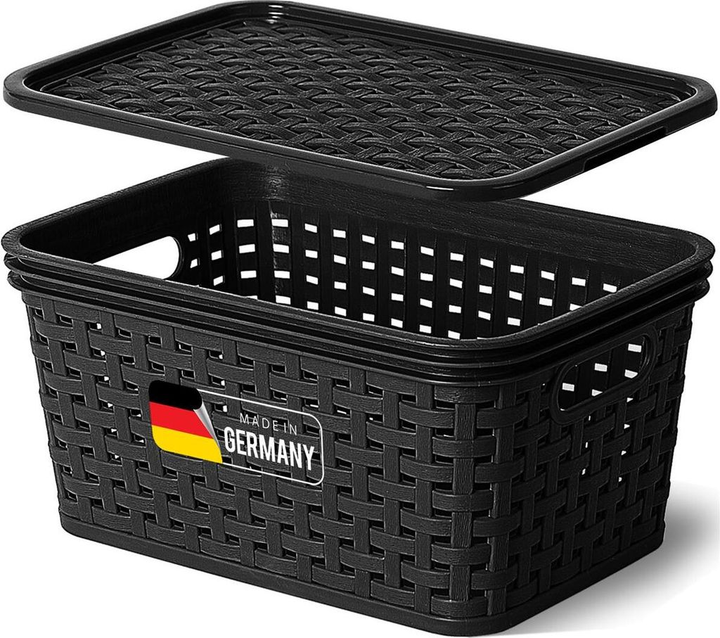Novaliv Aufbewahrungsbox mit Deckel Mini 2L Korb Schwarz in Rattan Design Lebensmittelecht Aufbewahrungskorb Stapelbox Nestbar Kunststoff BPA-frei ...