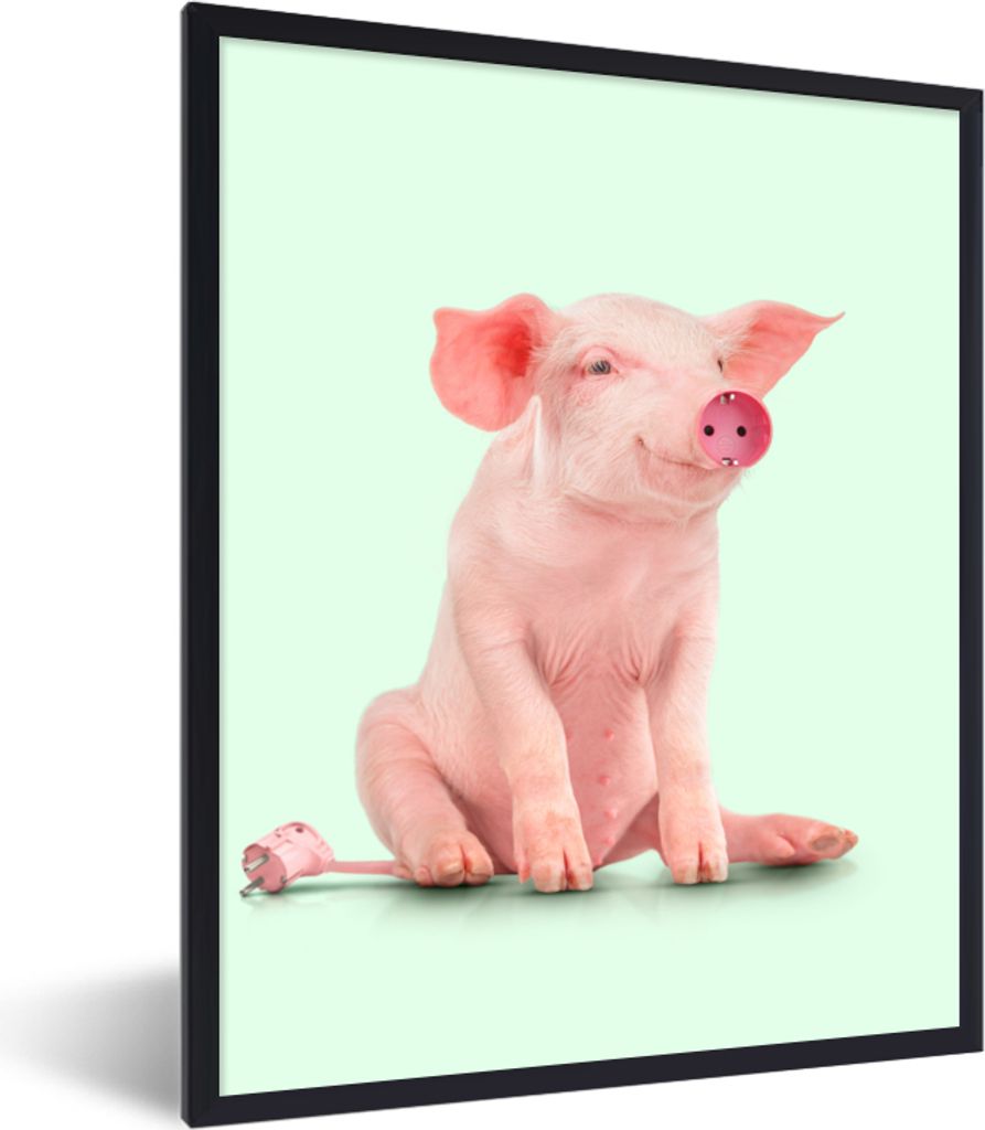 MuchoWow Gerahmtes Poster Schwein - Rosa - Sockel - Tiere 30x40 cm - Poster mit Schwarzem Bilderrahmen Wandposter Rahmen Foto Bilder - Wanddeko -...