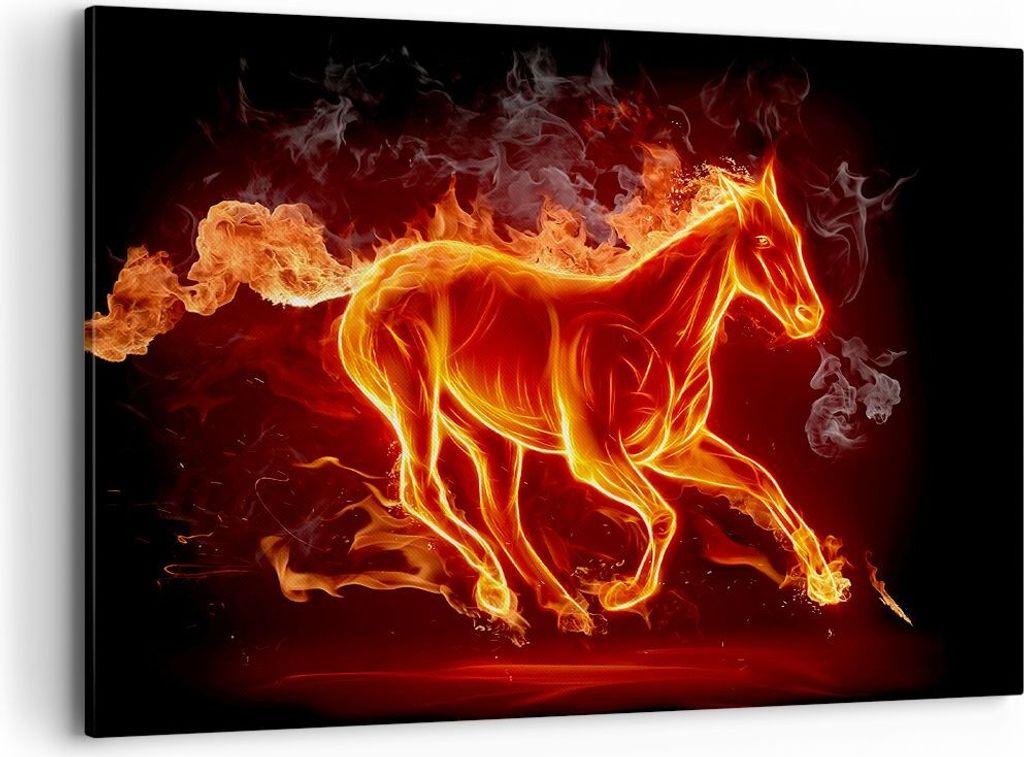 Bild auf Leinwand - Leinwandbild - Pferd Illustration Flammen - 100x70cm - Wand Bild - Wanddeko - Leinwanddruck - Bilder - Kunstdruck - Wanddekorat...