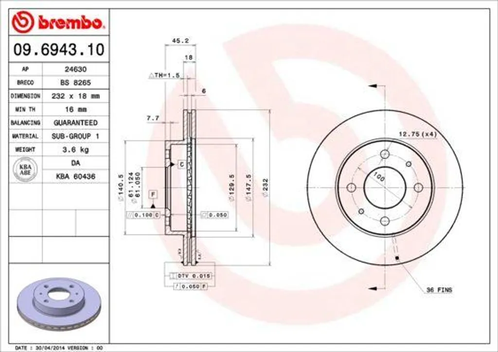 Disque de Frein Brembo 09.6943.10 Haute Résistance Standard OE 402060M602