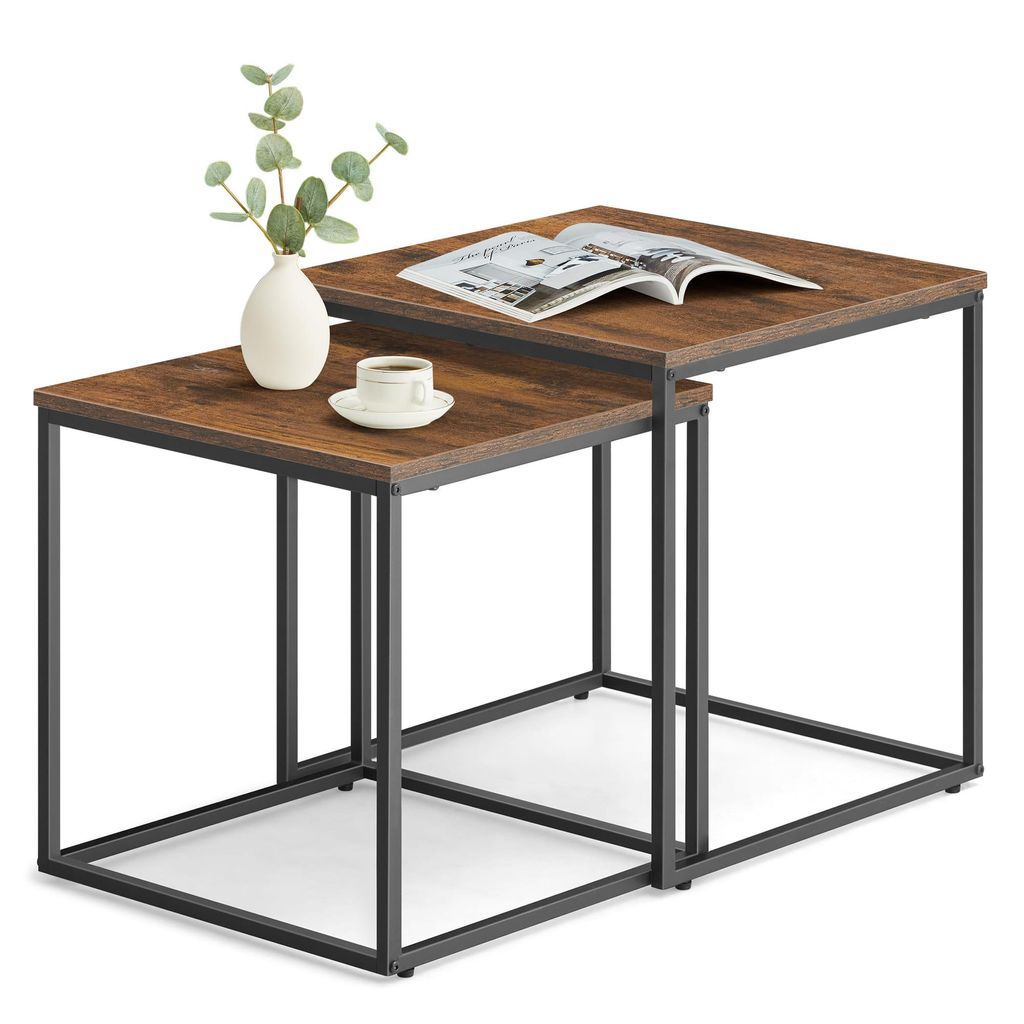FORTENA Couchtisch Set 2er Rusticall Beistelltisch Wohnzimmertisch Holzoptik Schwarz Metall