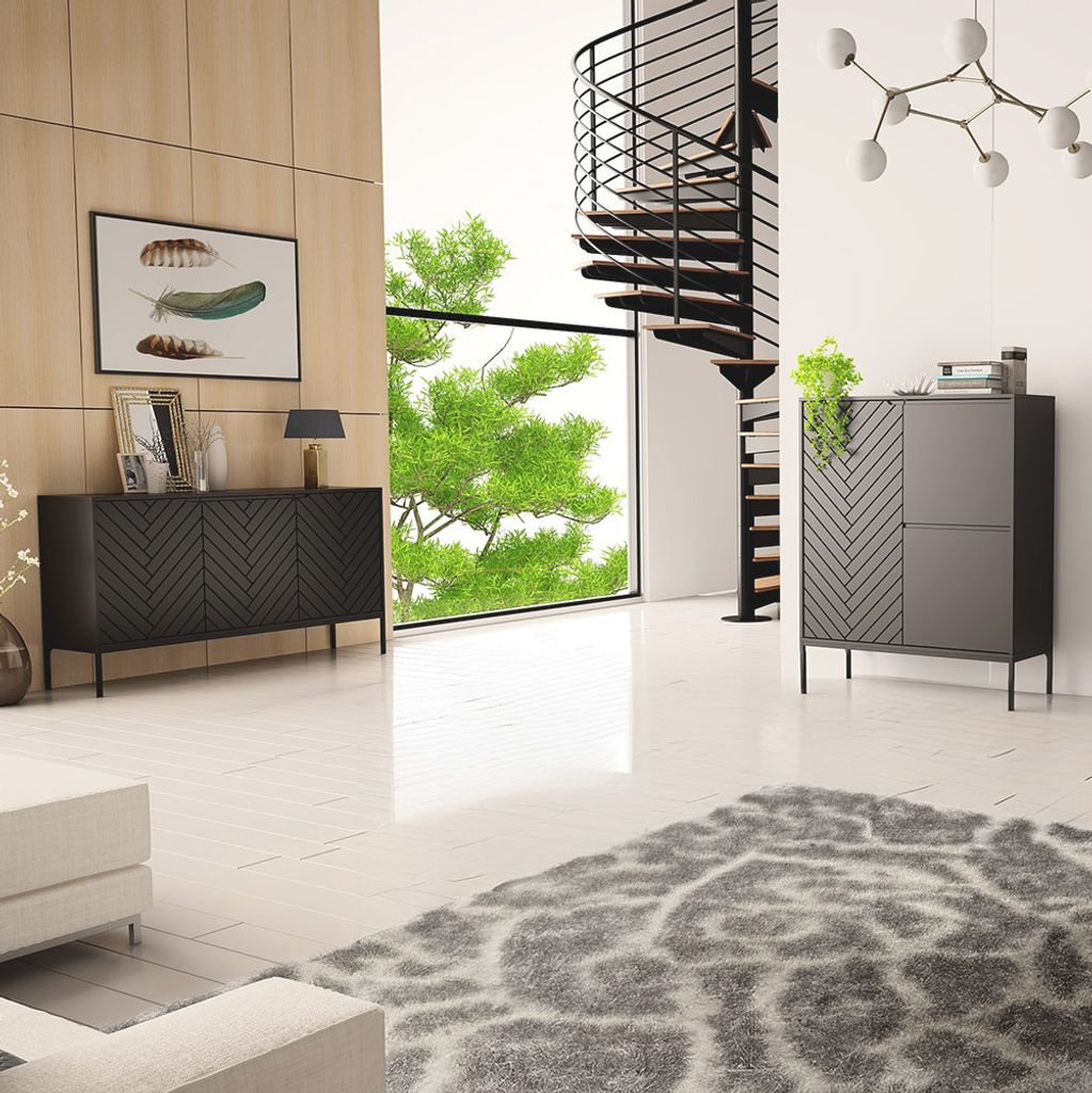 Wohnzimmer Set 2-teilig modern in schwarz matt mit gefrästen Fronten ANGERA-140