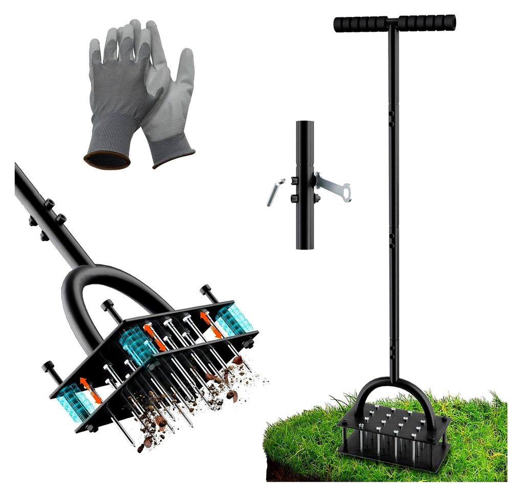 Rasenbelüfter-Werkzeug, 16 Eisen-Spikes mit automatischer Reinigung, ergonomischer T-Griff, manuelles Werkzeug zur Belüftung von Rasen, Hof und G...