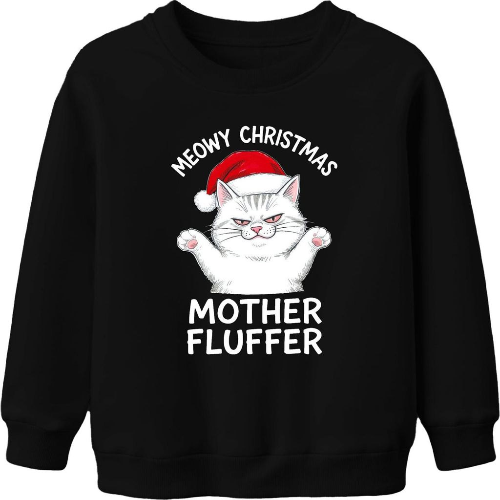 MEOWY CHRISTMAS MOTHER FLUFFER Weihnachten Katze Geschenk Lustig Uni Kinder Sweatshirt Pullover, Schwarz, 104