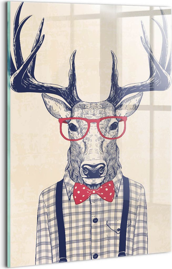 Designer Glasbild - Wandbild - Glas Bild - 20x30 cm - Ein Hirsch Im Hemd Und Mit Einer Jazzschleife