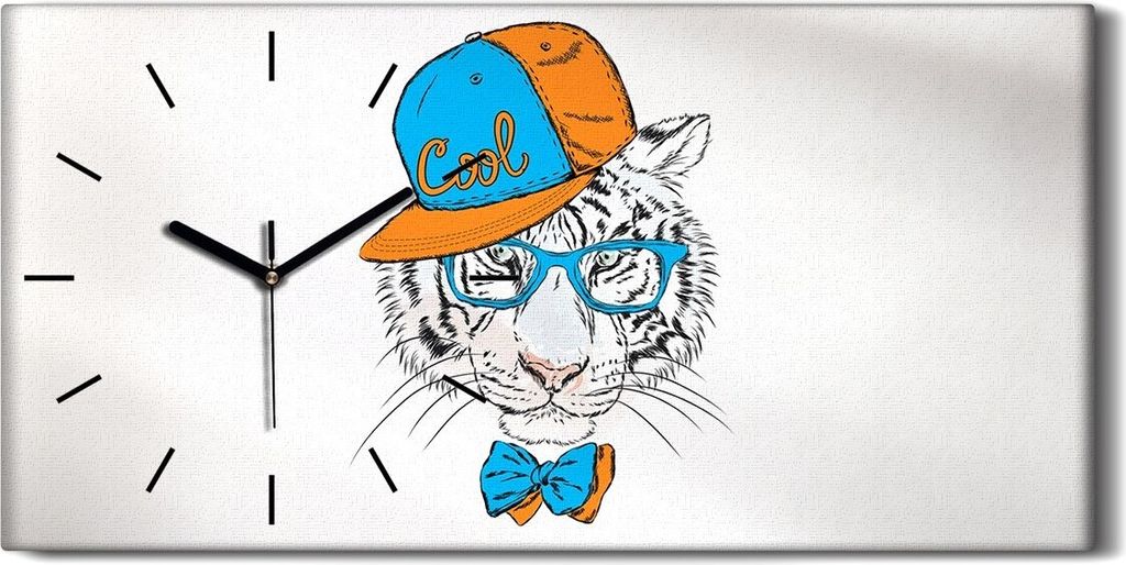 Leinwand Wanduhr Wandkunst Uhr 60x30 Foto Wand Tier Katze Tiger mit Brille - schwarze Hände