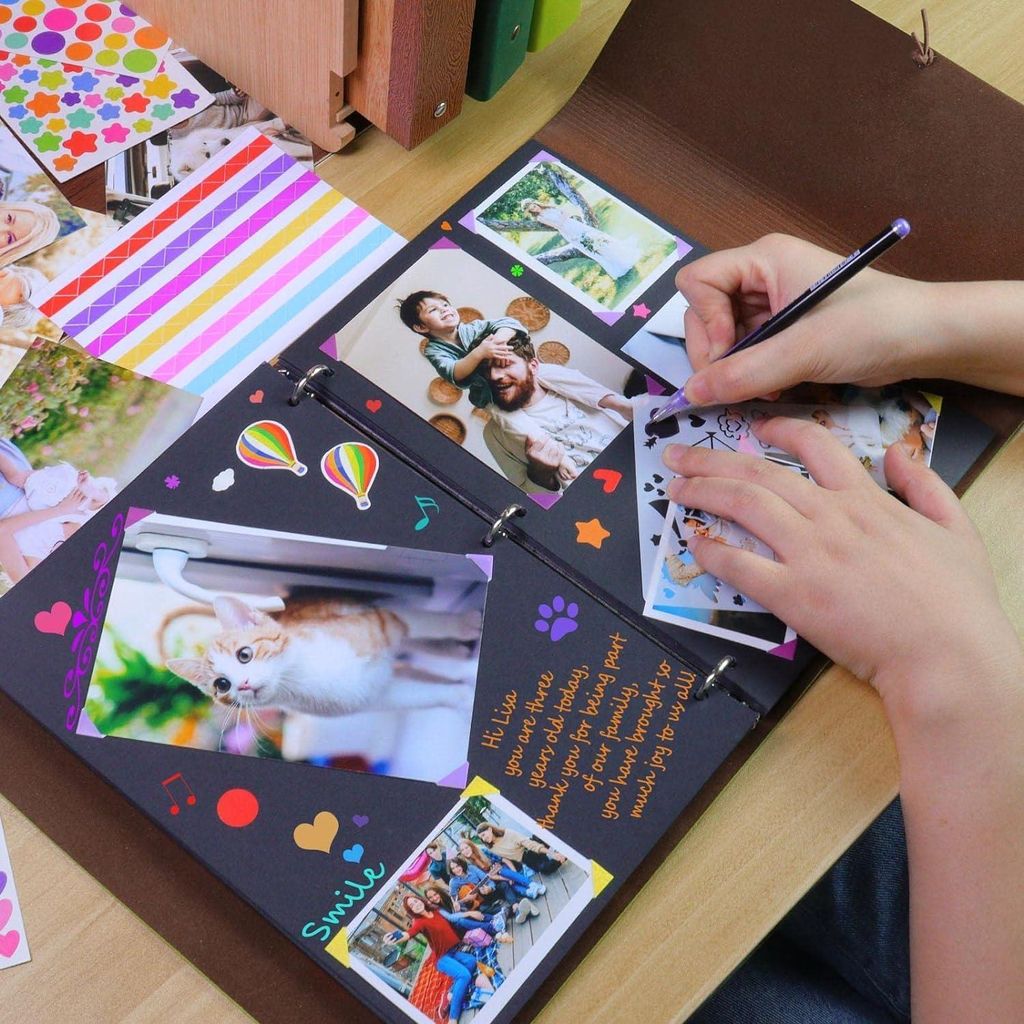 Leder-Fotoalbum 60 Seiten | DIY-Scrapbook | Schwarzes Kraftpapier | Perfekt für Erinnerungen und als Gästebuch