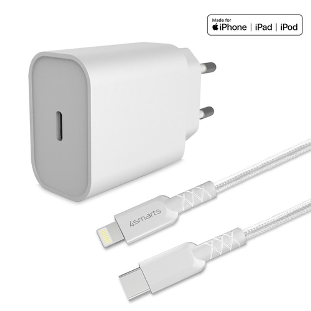 A white USB-C power adapter and a white Lightning to USB-C cable are shown on a white background.