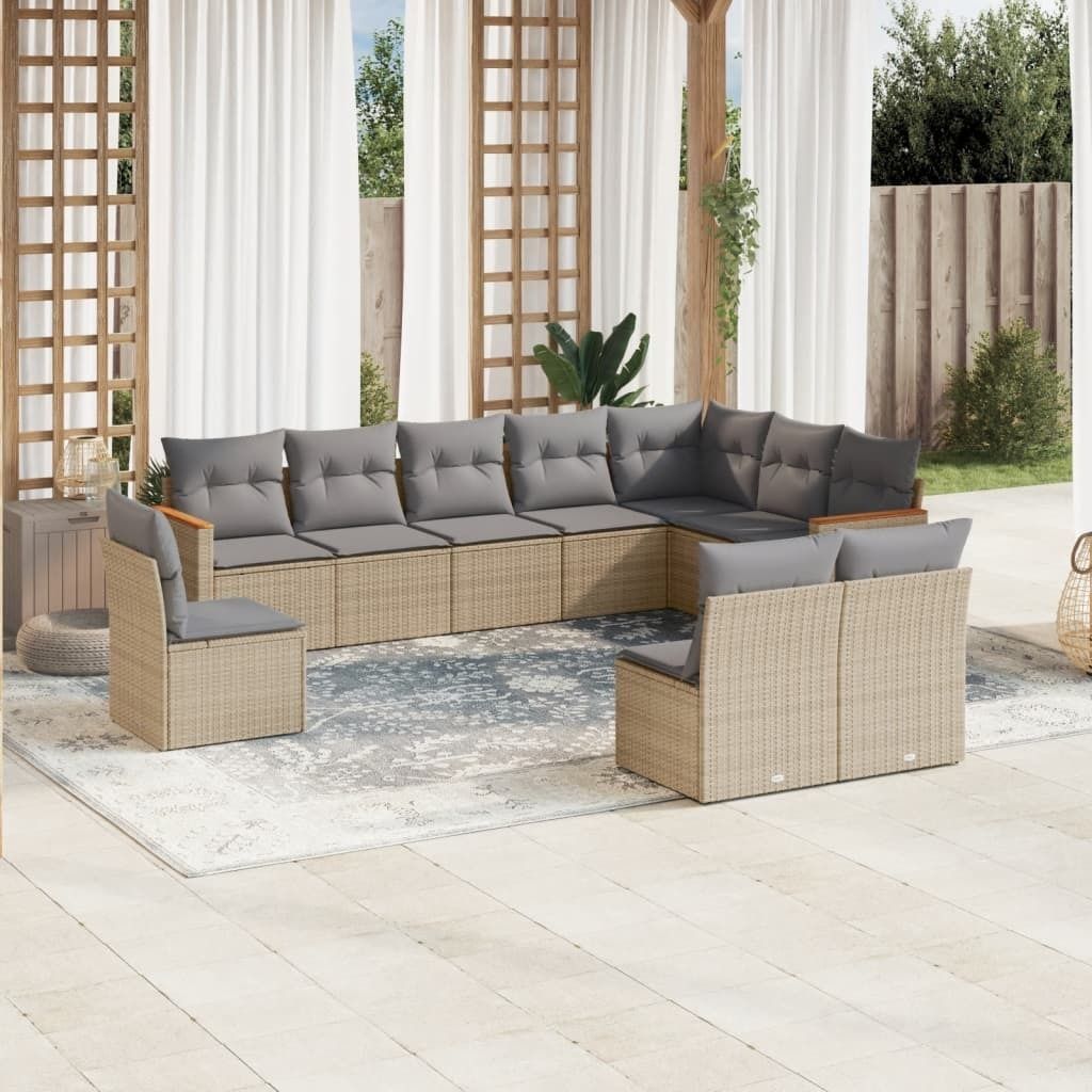 10-tlg. Garten-Sofagarnitur mit Kissen Beige Poly Rattan 3258475