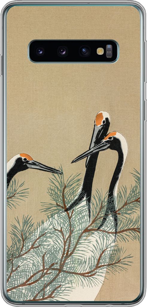 MuchoWow Handyhülle Schutzhülle Hülle für Telefoonhoesje Samsung Galaxy S10 Blätter - Kranich - Tiere - Skandinavisch - Japan Silikon Softca...