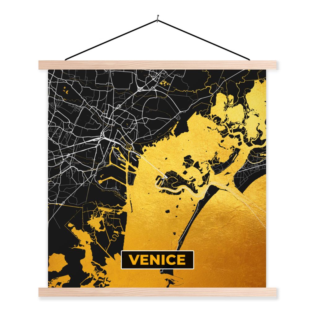 MuchoWow Textilposter Karte - Venedig - Gold - Karte der Stadt 40x40 cm mit holzfarbenen Rahmen - Posterleiste