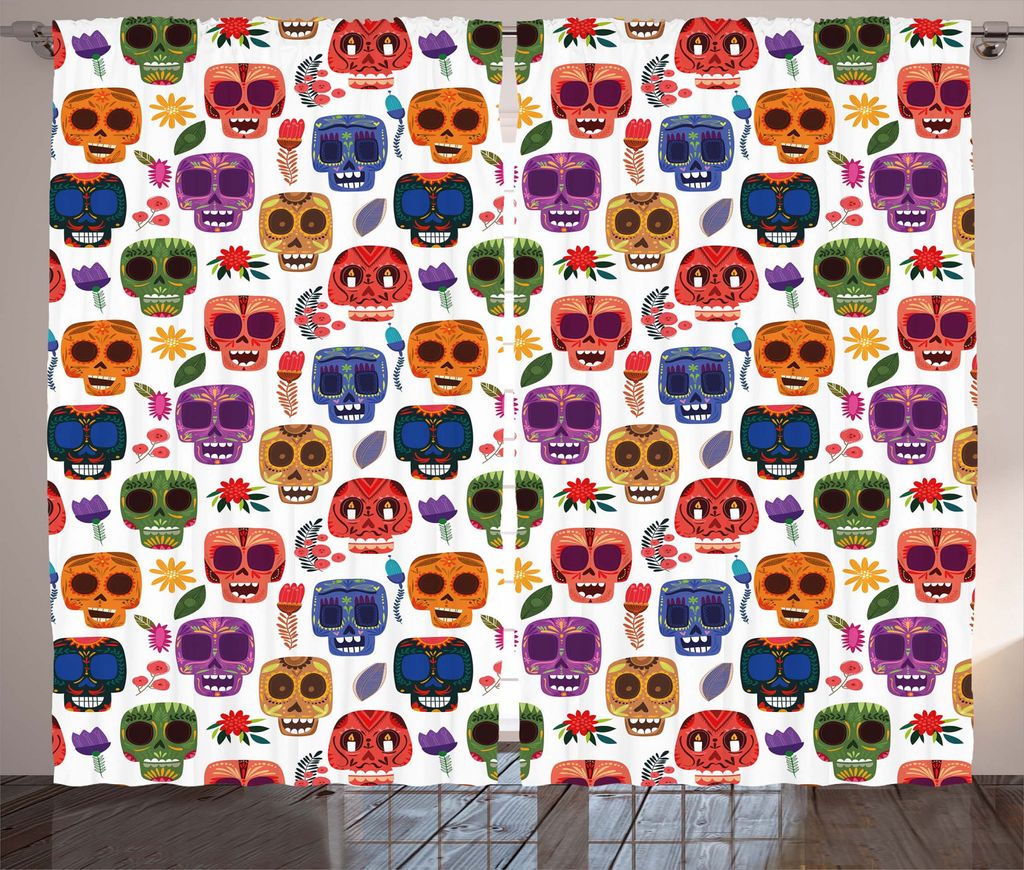 ABAKUHAUS Hölzern Rustikaler Gardine, Scary Mask, Schlafzimmer Kräuselband Vorhang mit Schlaufen und Haken, 280 x 245 cm, Mehrfarbig