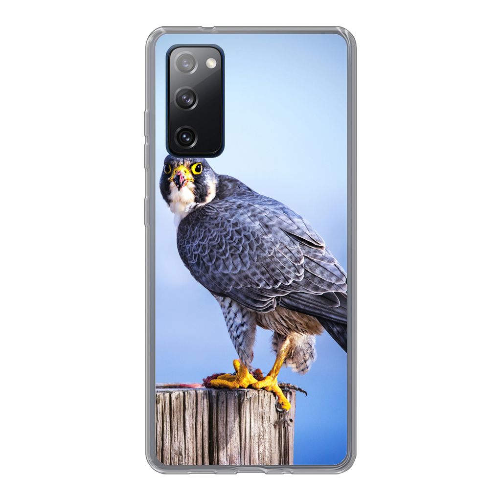 MuchoWow Handyhülle Schutzhülle Hülle für Samsung Galaxy S20 FE Nahaufnahme eines Raubvogels auf einer dicken Holzstange Silikon Softcase Han...