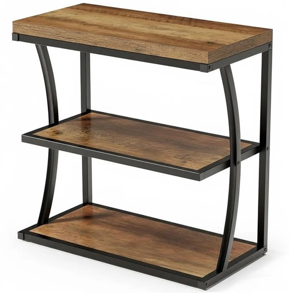 Table d'appoint industrielle en métal noir et plateau bois foncé