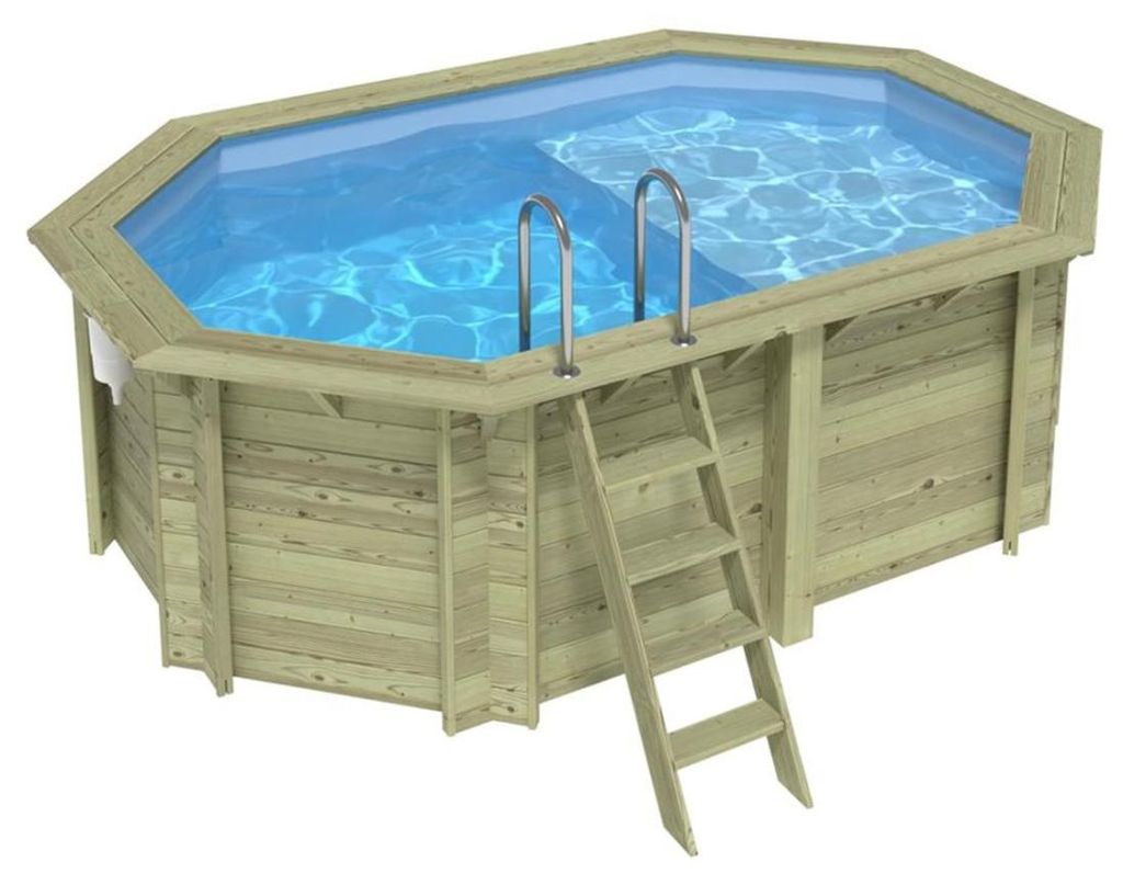 Pool NEMO 4.3 x 3 - H.1.31 m mit Liegefläche, hellblau, mit am Beton verschraubten Stahlprofilen