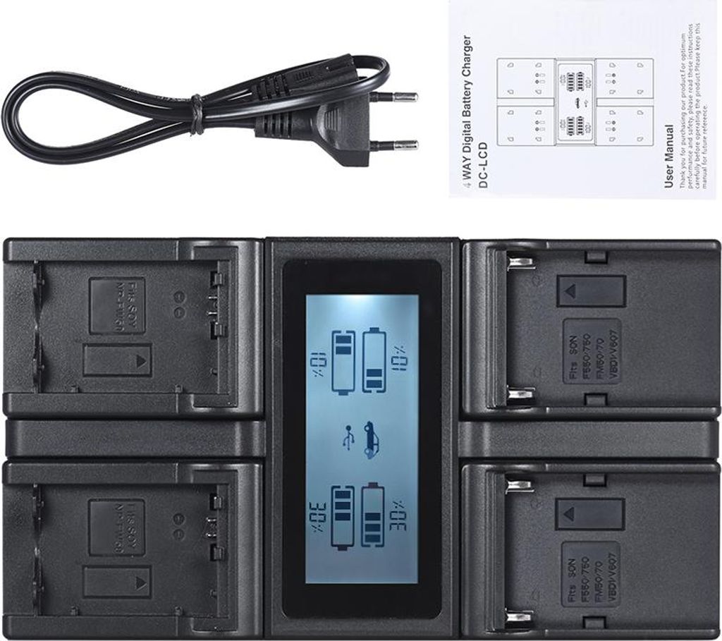 Andoer NP-FW50 NPFW50 NP-F970 4-Kanal-Digitalkamera-Akkuladegerät mit LCD-Display Ersatz für Sony α7 α7R α7sII α7II α6500 A6300 NP-F550 F750...