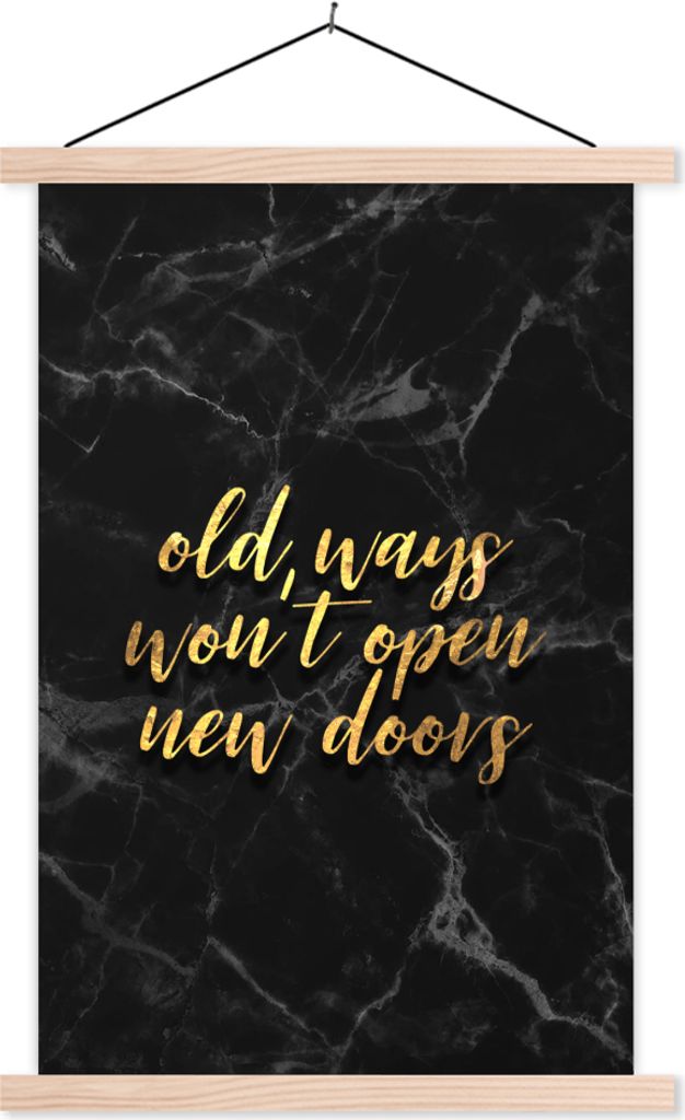 MuchoWow Textilposter Zitat - Tür - Gold - Schwarz 120x180 cm mit holzfarbenen Rahmen - Textil-Plakat