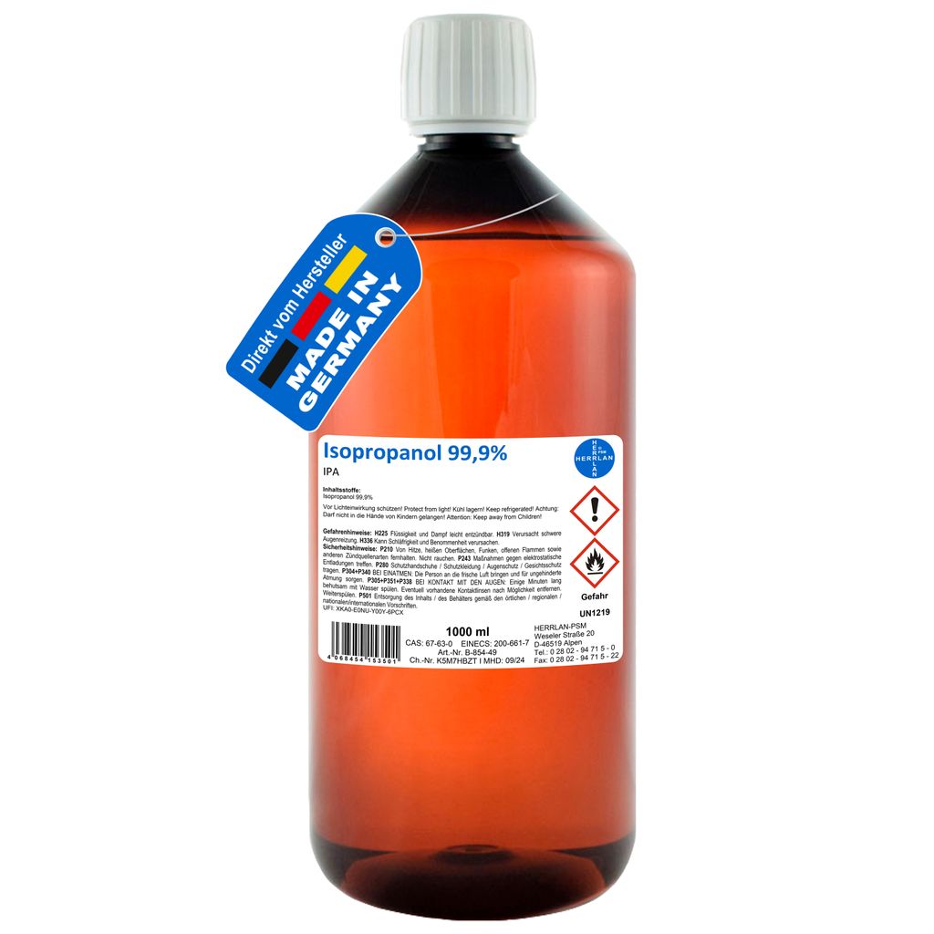 HERRLAN Isopropanol 1000 ml Reinigungsalkohol 99,9% I Fettlöser & Lösungsmittel | HERRLAN - Qualität
