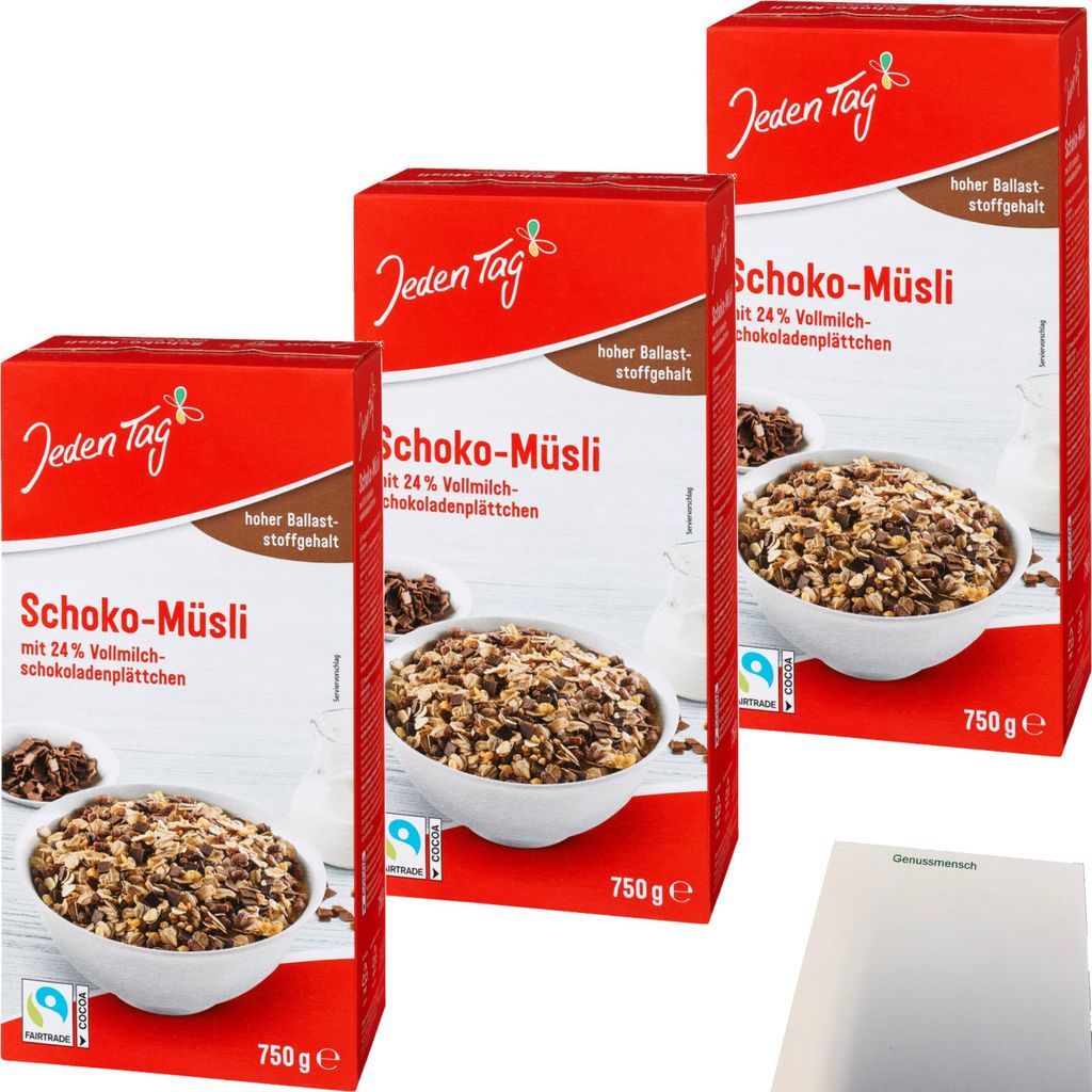 Jeden Tag Schoko Müsli 3er Pack (3x750g Packung) + usy Block