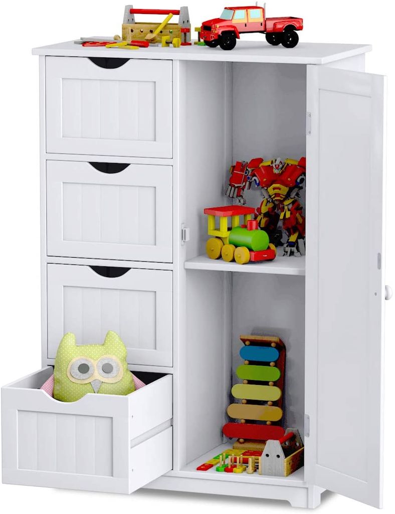 Badezimmerschrank mit 4 Schubladen & verstellbaren Regalebene, schmaler Badschrank aus Holz, Beistellschrank 68 kg belastbar, Sideboard für Wohnzi...