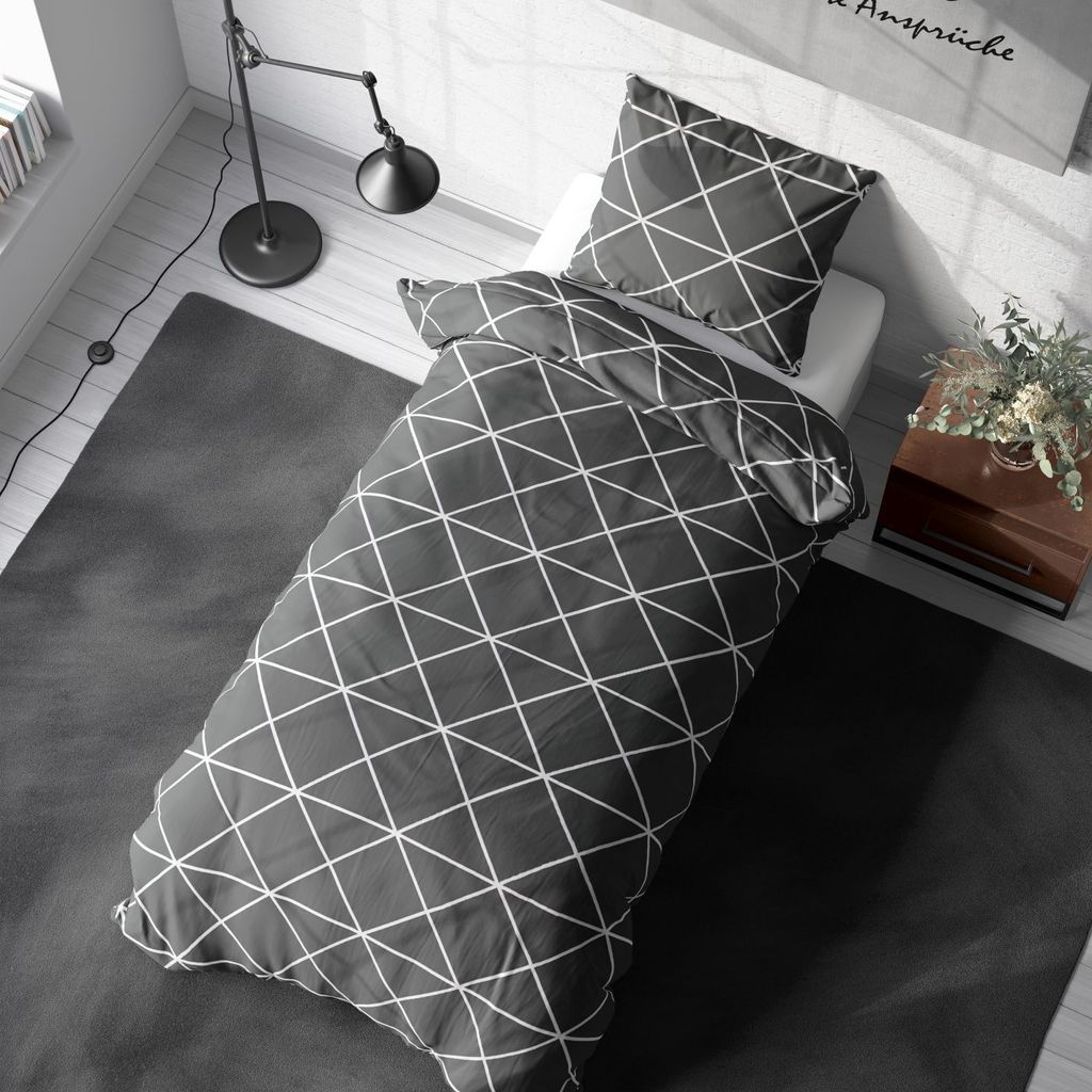 Soma Renforcé Bettwäsche 135 x 200 cm Bettbezug Kopfkissenbezug 80 x 80 cm Triangle anthrazit