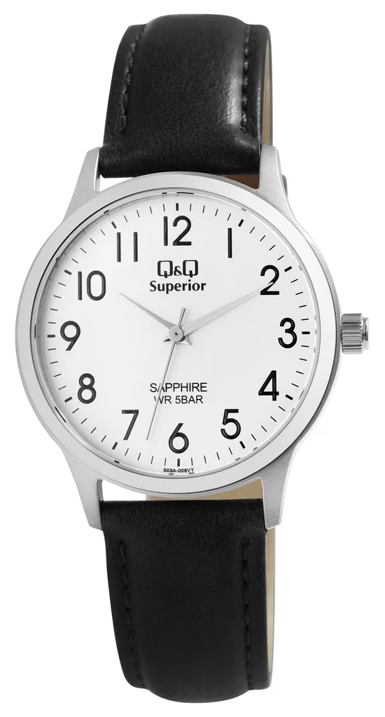Montre Q&Q Superior Unie en Acier Inoxydable et Cuir Véritable Noir