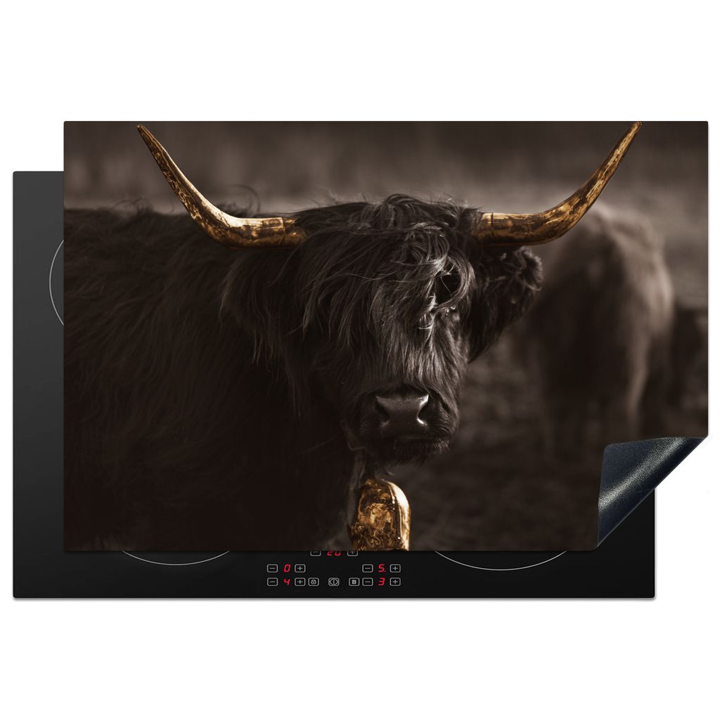 KitchenYeah Herdabdeckplatte Schottischer Highlander - Gold - Kuhglocke - Hörner - Tiere , 78x52cm, Küche Deko, Glaskeramikkochfeld Herdabdecku...