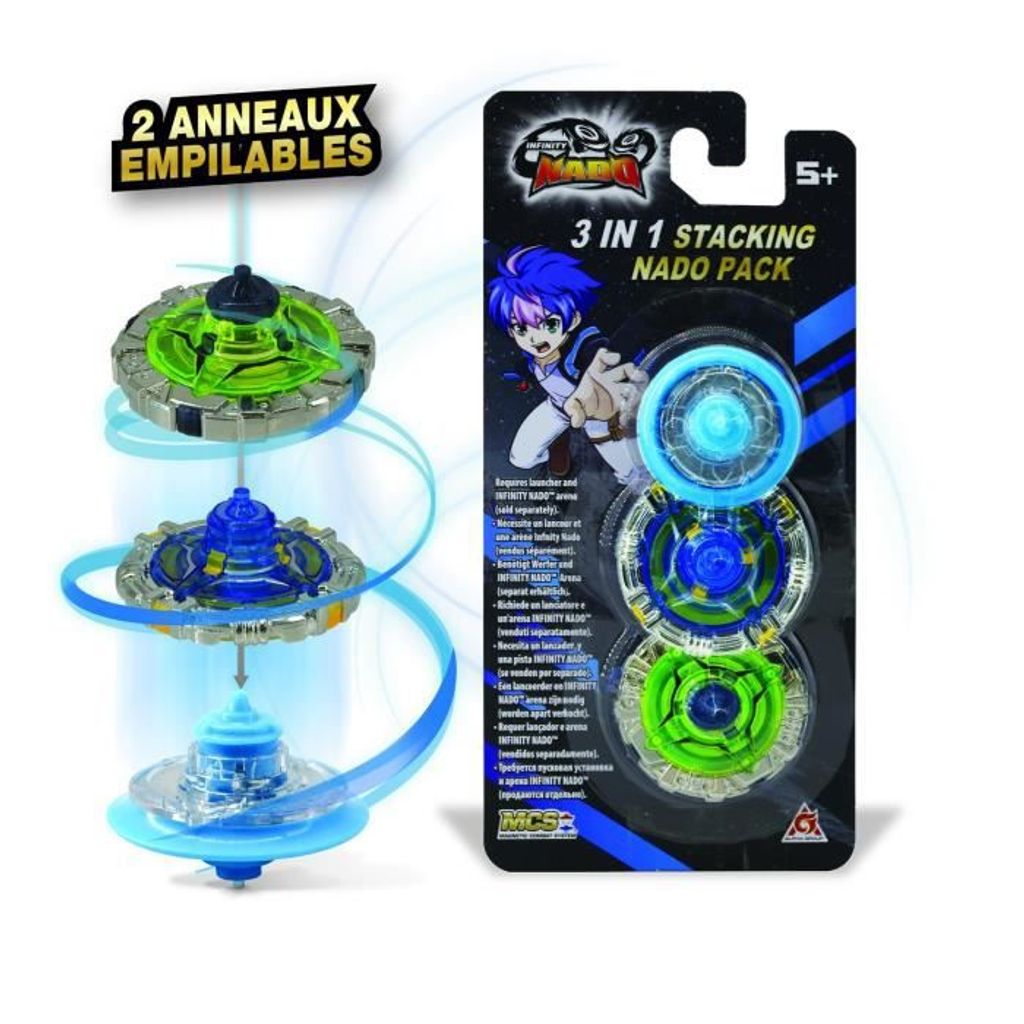 INFINITY NADO - NADO SPINDELMULDER UND 2 STAPELBARE RINGE - Exklusive 3-in-1-Packung mit 1 blauen Mini-Kreisel und 2 Infinity-Nado-Stapelringen