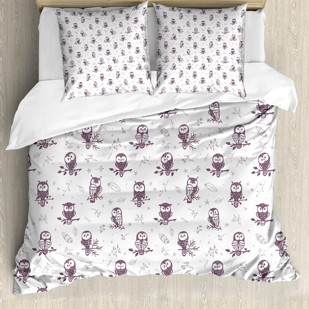 ABAKUHAUS Copripiumino Gufo, gufi sul ramo, antiacaro, adatto a chi soffre di allergie, con federe, 155 cm x 220 cm - 80 x 80 cm, bianco melanzana