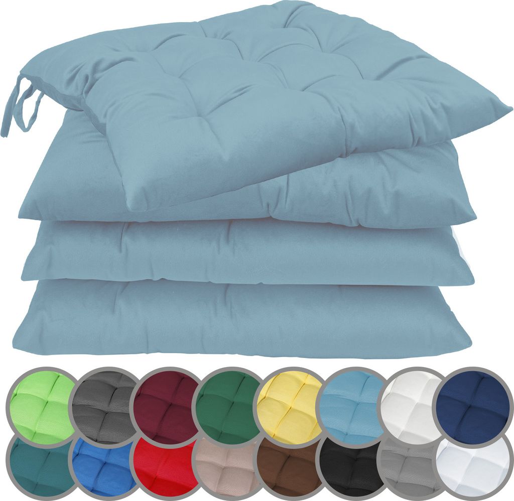 A stack of four light blue seat cushions is shown against a white background. Below the cushions, a row of circular swatches displays various color options for the cushions.