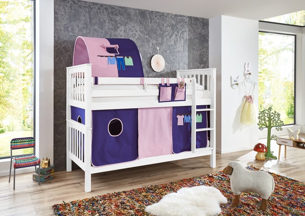 Etagenbett mit hohem Kopf- und Fußteil Kick Buche Weiß lackiert 90x200 cm